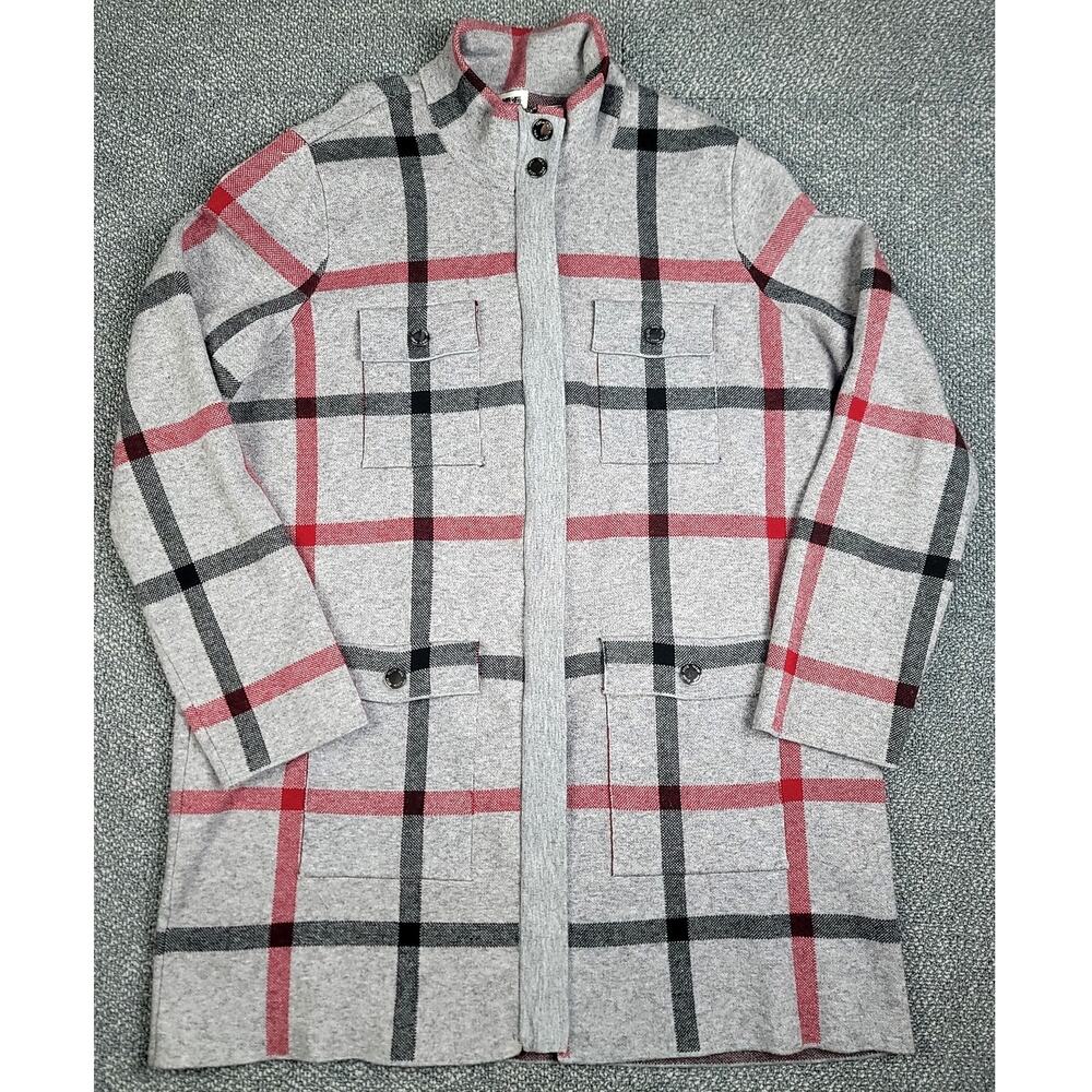Anne Klein Sweater Jacket Women's XL Knit Full Zip Heather Gray Plaid Long